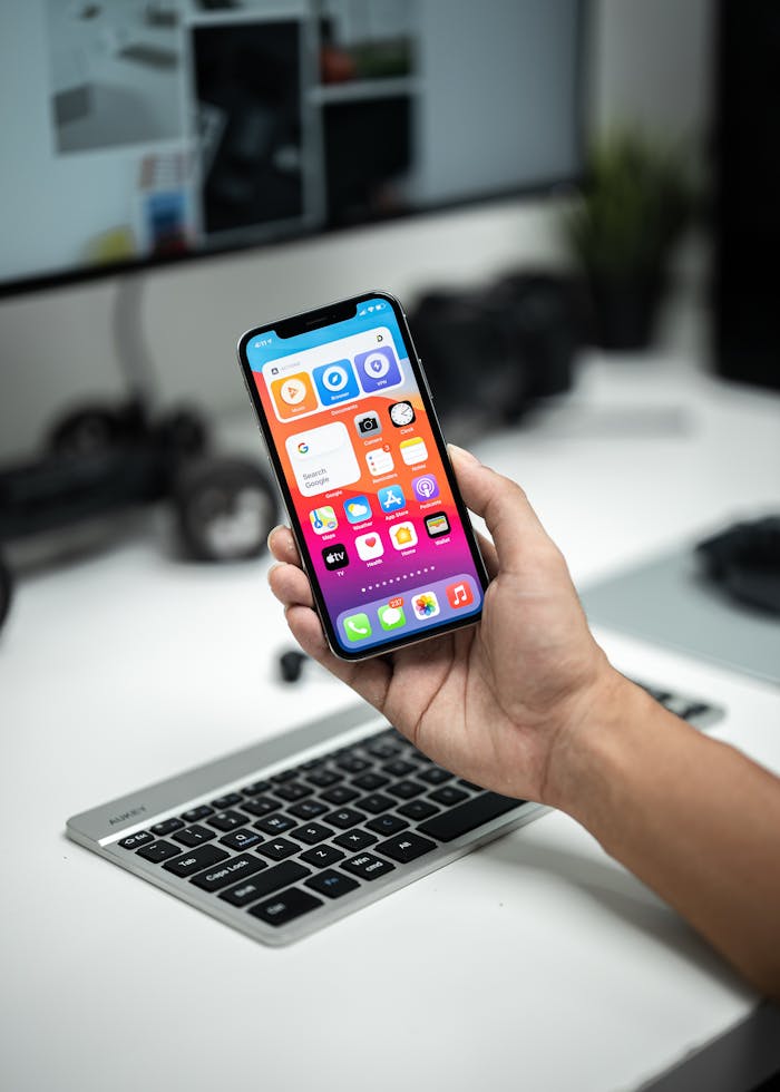 gallery-3 Person holding a smartphone in a modern tech workspace, showing home screen apps.